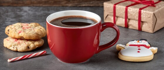 Warm red mug filled with hot chocolate alongside festive snowman cookie and candy canes for a cozy winter celebration