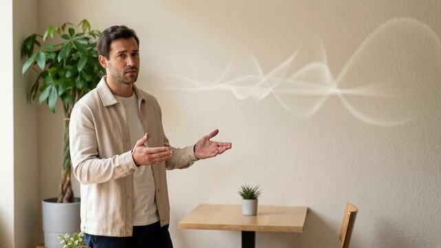 White woman in her 30s using wireless earbuds to listen to real-time online translations during conversation with man in cozy modern cafe. Concept of multilingual communication and smart tech in every