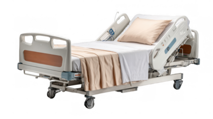 Adjustable hospital bed with clean linen and a pillow, isolated on a transparent background, representing healthcare, patient care, and medical equipment