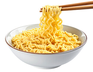 Vibrant Ramen Noodles Being Lifted by Wooden Chopsticks, Steam Visible, isolated on transparent background