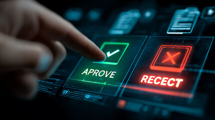 Finger touching glowing approve button with checkmark image
