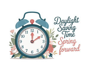 Daylight Saving Time banner. The clocks moves forward one hour. Floral decoration with pink flowers. Spring clock changes concept for web, emailing. Modern flat design, cartoon vector illustration