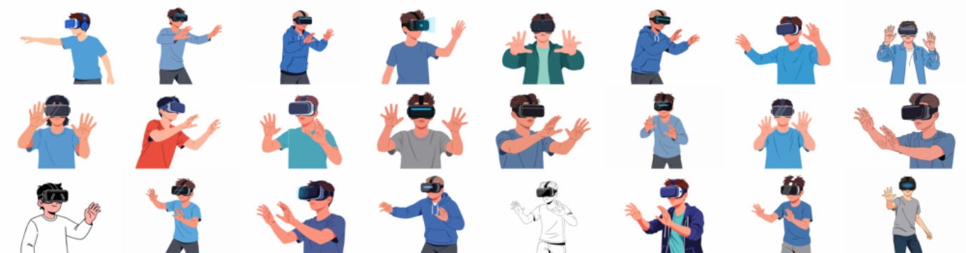 Collection of Young Men Experiencing Virtual Reality: Diverse Vector Illustrations of Boys Wearing VR Headsets and Interacting with the Digital Metaverse.