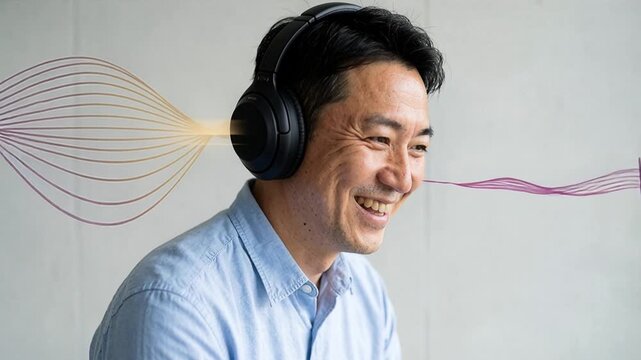 East Asian man in his 40s wearing wireless headphones and smiling while listening to online translations with sound waves visualized. Concept of digital communication, multilingual access