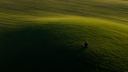 A lone figure sits on a lush green hillside, back to the viewer, immersed in contemplation as sunlight casts shadows on the undulating landscape. A moment of peace.