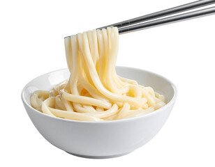 Thick Udon Noodles Dipped into Sauce by Metal Chopsticks, Close-Up Angle, isolated on transparent background