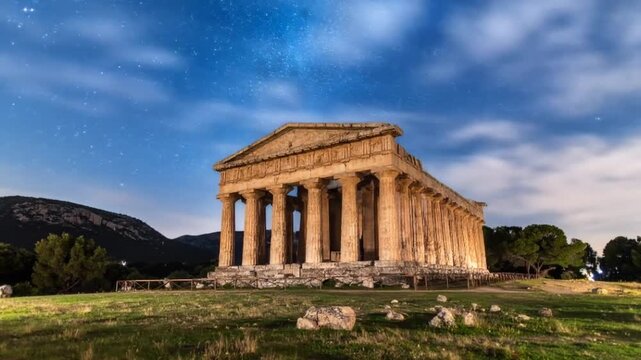 Segesta Temple Under Starry Night Sky: Ancient Architecture & Celestial Beauty