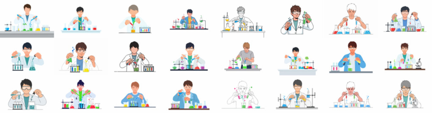 Diverse young scientists and students vector set performing chemical reactions, mixing liquids in test tubes, beakers, and flasks in a professional science laboratory.