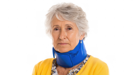 Senior woman wearing a cozy neck warmer and a wool jacket, crossing her arms while looking unwell, with a transparent background emphasizing her discomfort and concern