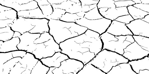 High-contrast black and white cracked earth texture with dry soil plates and sharp fissures. Ideal for drought, climate change, environmental damage, abstract backgrounds, and minimal graphic design p