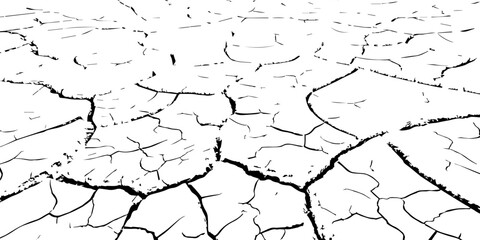 High-contrast black and white cracked earth texture with dry soil plates and sharp fissures. Ideal for drought, climate change, environmental damage, abstract backgrounds, and minimal graphic design p