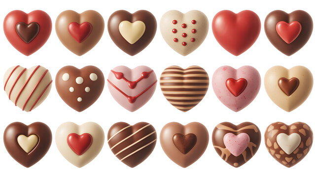 Assorted heartshaped chocolates isolated on transparent background