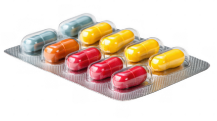 Colorful pills stacked in blister packs create a vibrant display of pharmaceutical products against a transparent background, highlighting medication variety and availability