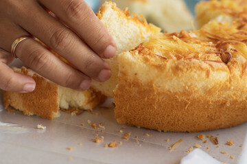 Cheese Cake with Golden Crust pickup by mom hand