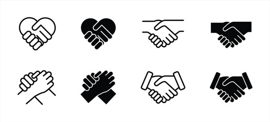 Handshake icon set. Business agreement handshake symbol. Friendly, partnership deal handshake line and silhouette sign. Transparent png and vector illustration