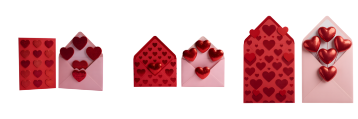Set of pink and red valentines day envelopes with hearts isolated on transparent background