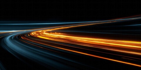 Glowing orange and blue light trails curve across a dark background suggesting rapid movement