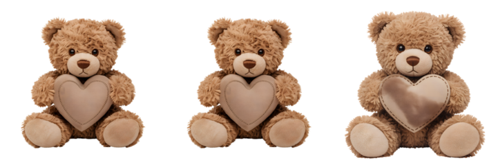 Three brown teddy bears holding hearts in a row on white isolated on transparent background