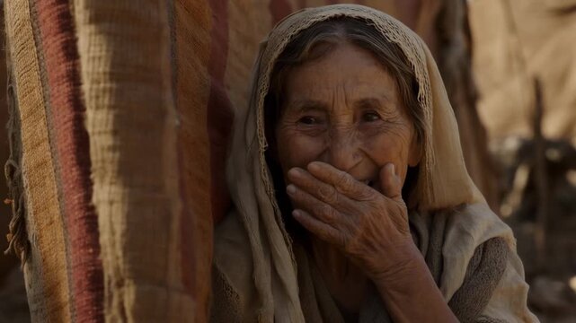 Sarah's hidden laughter, a tight shot of an old Hebrew woman named Sarah peeking from behind a heavy tent flap, a hand covering her mouth to stifle a laugh of disbelief, her eyes crinkling .