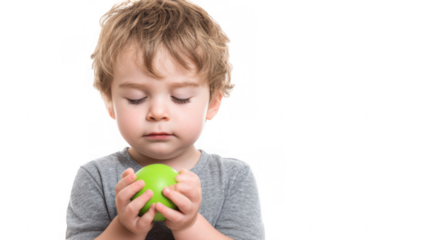 Small child wearing a yellow and white striped shirt, joyfully holding a bright green apple with both hands, set against a transparent background, highlighting healthy eating and nutrition