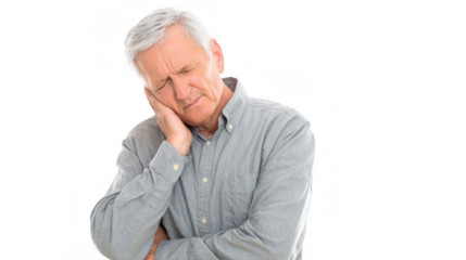 Senior woman experiencing a headache after waking up, holding her head in her hands while lying in bed, with a transparent background for easy compositing