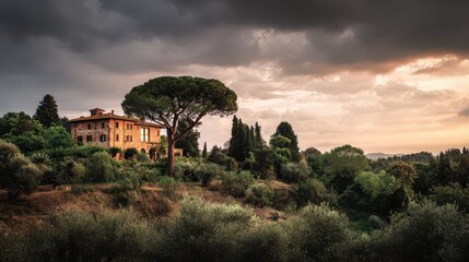 Fototapeta premium Tuscany's Architectural Marvels: A Journey Through Buildings and Lush Trees Beneath a Cloudy Sunset Sky