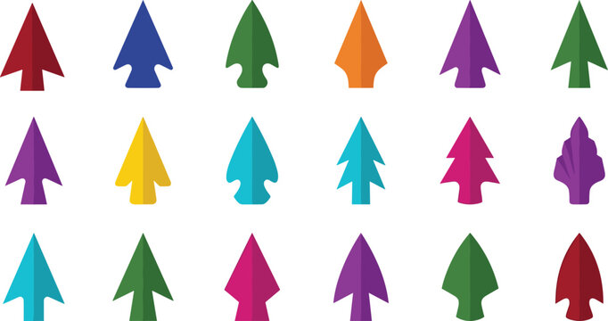 Colorful cartoon grid of 20 arrowhead icons, showcasing diverse shapes, styles, colors, and historical weapon design for illustration