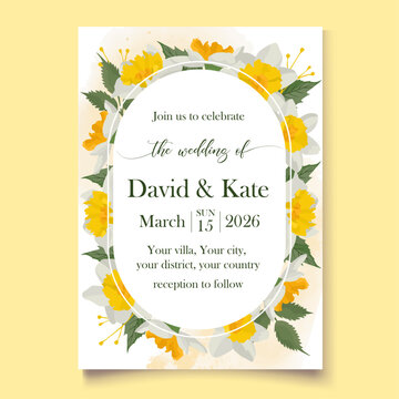 Elegant yellow invitation template with daffodil flowers for wedding Floral design