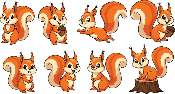 Cute Cartoon Squirrel Illustration Set Featuring Playful Forest Animal Characters in Multiple Poses with Acorns for Kids, Mascot, and Nature Design