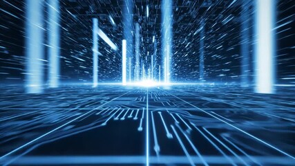Futuristic digital tunnel with blue glowing lines and circuit board pattern 4k video - Powered by Adobe