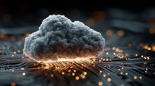 Brain cloud glowing on circuit board with sparks - Powered by Adobe