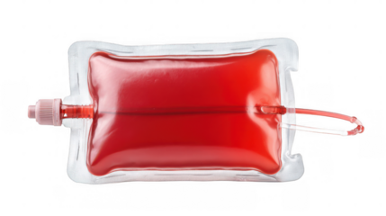Blood bag full of red blood cells ready for a blood transfusion, isolated on transparent background, representing the importance of blood donation in saving lives