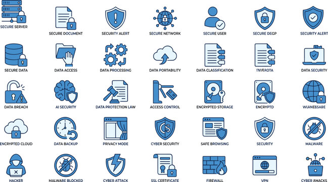 Cyber Security, Data Protection, and Digital Privacy Icons Collection, Including Secure Server, Network, Malware, Encryption, and Firewall Concepts, Vector Illustration Set.