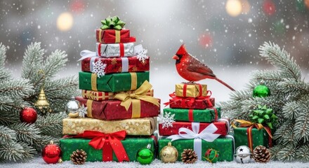 A festive Christmas scene with a cardinal bird perched on a stack of wrapped presents, surrounded by holiday decorations and snowflakes.