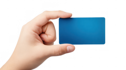 Hand holding a blue insurance card featuring white text against a transparent background, creating a versatile image ideal for various insurance related themes and concepts