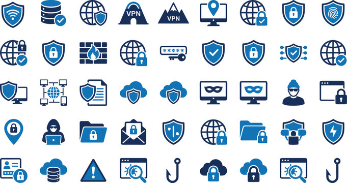 Cybersecurity icons, internet security, data protection, VPN, firewall, secure cloud, phishing, encryption, shield lock, privacy, server, malware, hacker, secure file, digital safety