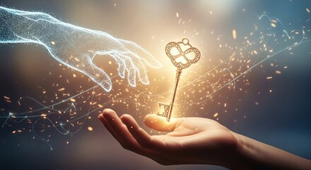 A glowing key with a butterfly design is held in a hand, with a blurred image of a human hand in the background.