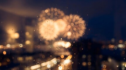Fireworks Bokeh Through Rainy Window