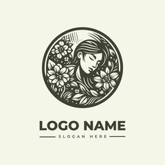 Vector logo illustration of a woman's face surrounded by flowers in a circular frame with a placeholder for a logo name and slogan.