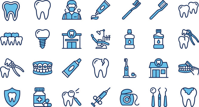 Dental icons, oral care, teeth, toothbrush, toothpaste, dentist, dental tools, hygiene, braces, floss, implant, mouthwash, extraction, protection, clinic, checkup, smile, enamel, gum health