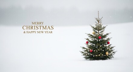 A lone Christmas tree stands in a snow-covered field, adorned with red and gold ornaments, against a backdrop of snow and trees.