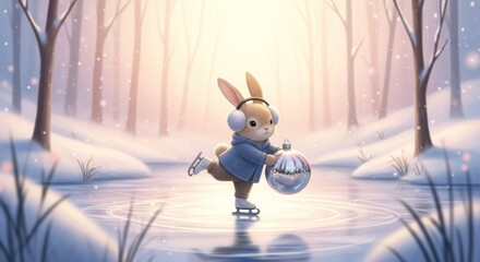 A rabbit skating on a frozen pond with a disco ball.