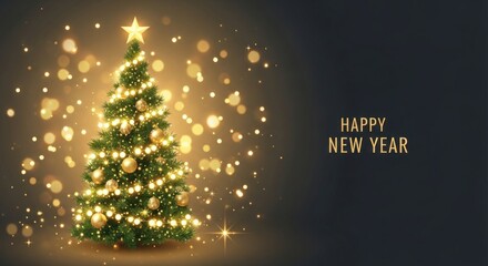 A beautifully decorated Christmas tree with golden lights and ornaments on a dark background.