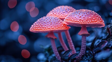 Mushrooms under enchanting blue bokeh, close up