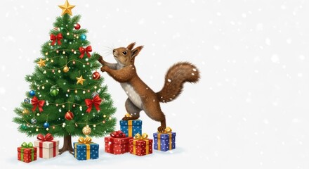 A squirrel decorating a Christmas tree with ornaments and presents under it.