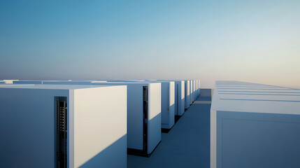 A minimalist server farm is bathed in soft light, the server racks aligned in perfect rows. The pale sky offers a calming contrast to the technology below. Data storage reimagined.