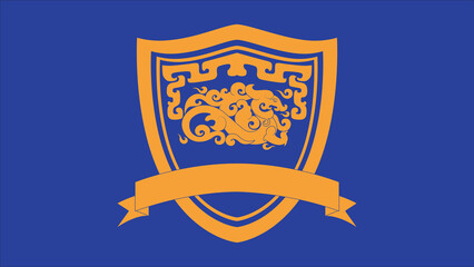 Chinese-inspired shield with a walking dragon and a ribbon