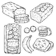 Set of hand drawn banana bread with banana slice outline drawing illustration