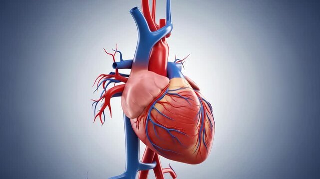 Animated visuals of a human heart with arteries and veins, emphasizing circulatory system function