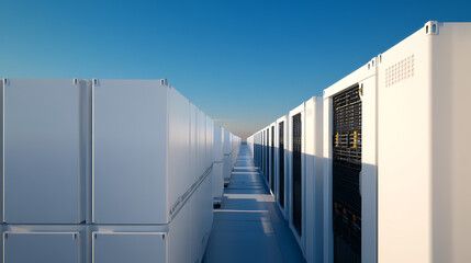 Endless rows of white data storage units against a clear blue sky, representing vast digital information infrastructure and data processing capabilities on the horizon.